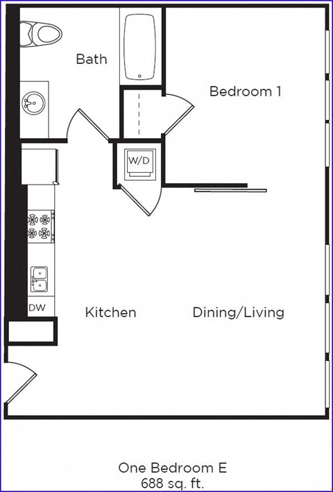 Floor plan for 1 bed, 1 bath, 688 sqft
